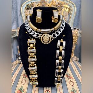 Gold & Silver Lion Medallion Statement Necklace Set